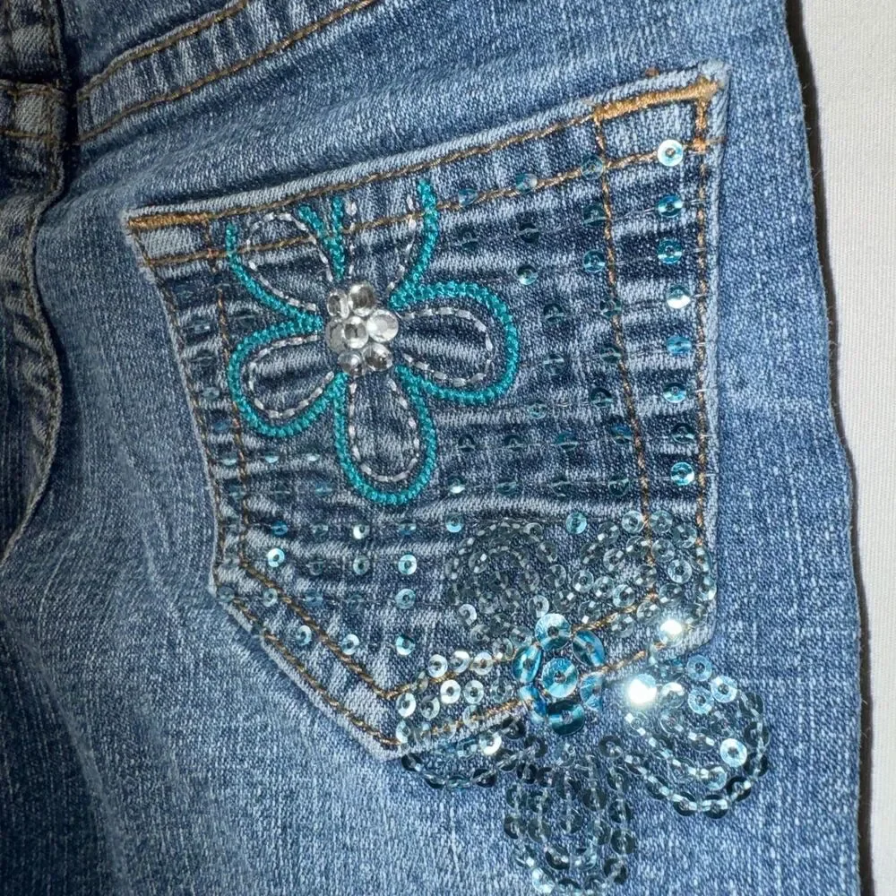 Arizona Jean Bootcut Flair Girl's 5 Blue Denim Pants Adjustable Sequin Pocket